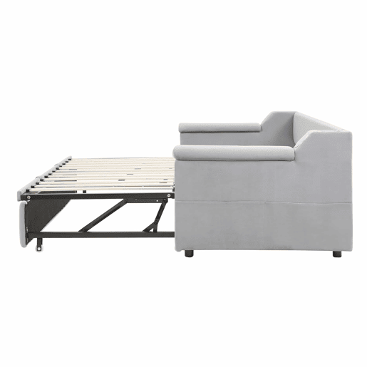 Sofá-cama 90180x190 cm - Braço largo e grosso, com sistema de som Bluetooth inteligente, com porta USB, com compartimentos, com estrado, tecido de veludo - Cinza claro