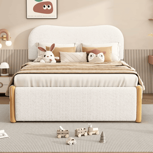 Cama estofada de pelúcia 140x200 cm - com estrado de molas extraível - com estrado de ripas de MDF - Branco
