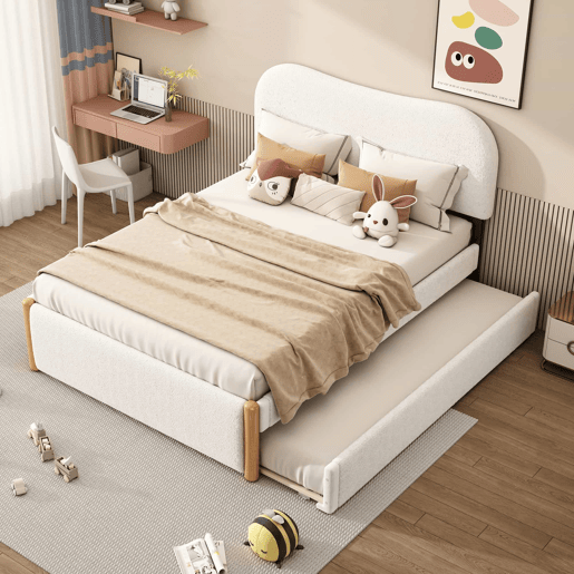 Cama estofada de pelúcia 140x200 cm - com estrado de molas extraível - com estrado de ripas de MDF - Branco