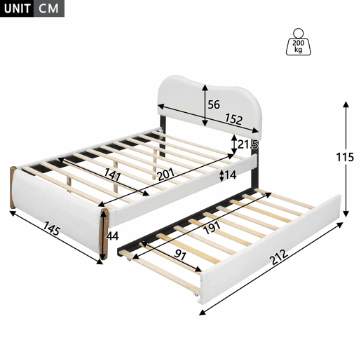 Cama estofada de pelúcia 140x200 cm - com estrado de molas extraível - com estrado de ripas de MDF - Branco