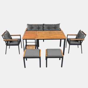 Conjunto de sala de jantar exterior para 6-7 pessoas - Mesa de jardim com cadeiras e carrinho removível, almofada removível e lavável - Preto+Cinza, Natural