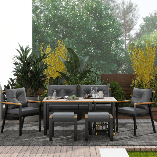 Conjunto de sala de jantar exterior para 6-7 pessoas - Mesa de jardim com cadeiras e carrinho removível, almofada removível e lavável - Preto+Cinza, Natural