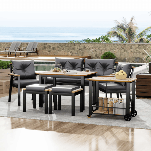 Conjunto de sala de jantar exterior para 6-7 pessoas - Mesa de jardim com cadeiras e carrinho removível, almofada removível e lavável - Preto+Cinza, Natural