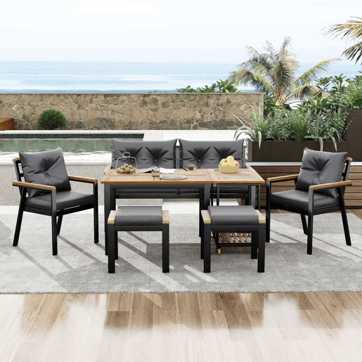 Conjunto de sala de jantar exterior para 6-7 pessoas - Mesa de jardim com cadeiras e carrinho removível, almofada removível e lavável - Preto+Cinza, Natural