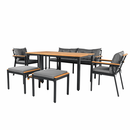 Conjunto de sala de jantar exterior para 6-7 pessoas - Mesa de jardim com cadeiras e carrinho removível, almofada removível e lavável - Preto+Cinza, Natural