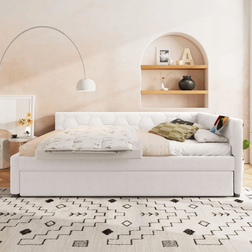 Cama Daybett 140x200cm - Sofá-cama, com candeeiro de mesa, cama extensível multifuncional, porta USB e Tipo-C, sem colchão - Branco