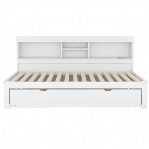 Divã 90x200cm com cama com gavetão 90x190cm - mesa de cabeceira com arrumação, LED e tomadas - Branco Divã 90x200cm com cama com gavetão 90x190cm - mesa de cabeceira com arrumação, LED e tomadas - Branco