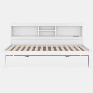 Divã 90x200cm com cama com gavetão 90x190cm - mesa de cabeceira com arrumação, LED e tomadas - Branco