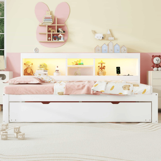Divã 90x200cm com cama com gavetão 90x190cm - mesa de cabeceira com arrumação, LED e tomadas - Branco Divã 90x200cm com cama com gavetão 90x190cm - mesa de cabeceira com arrumação, LED e tomadas - Branco