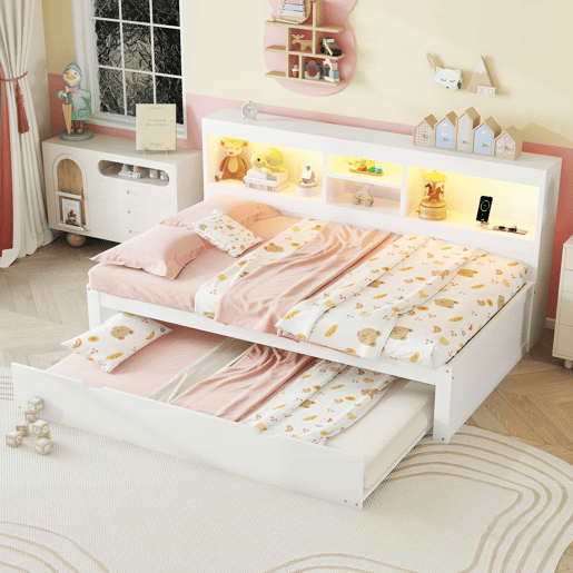 Divã 90x200cm com cama com gavetão 90x190cm - mesa de cabeceira com arrumação, LED e tomadas - Branco Divã 90x200cm com cama com gavetão 90x190cm - mesa de cabeceira com arrumação, LED e tomadas - Branco