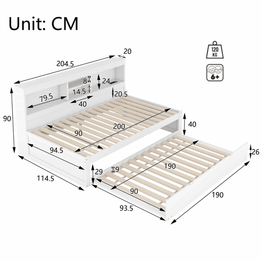 Divã 90x200cm com cama com gavetão 90x190cm - mesa de cabeceira com arrumação, LED e tomadas - Branco Divã 90x200cm com cama com gavetão 90x190cm - mesa de cabeceira com arrumação, LED e tomadas - Branco