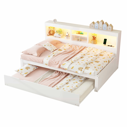 Divã 90x200cm com cama com gavetão 90x190cm - mesa de cabeceira com arrumação, LED e tomadas - Branco Divã 90x200cm com cama com gavetão 90x190cm - mesa de cabeceira com arrumação, LED e tomadas - Branco