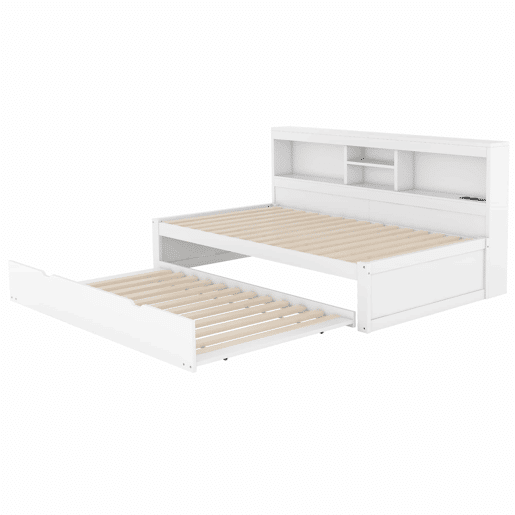Divã 90x200cm com cama com gavetão 90x190cm - mesa de cabeceira com arrumação, LED e tomadas - Branco Divã 90x200cm com cama com gavetão 90x190cm - mesa de cabeceira com arrumação, LED e tomadas - Branco
