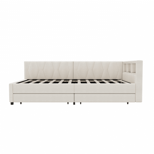 Cama de dia 90x200cm - Sofá-cama, compartimento de arrumação, USB + Tipo C, comando remoto para luz ambiente LED, com duas gavetas, com estrado (sem colchão) - Bege