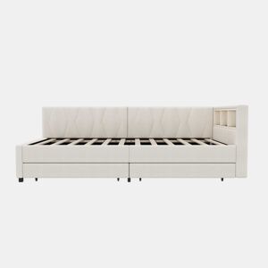 Cama de dia 90x200cm - Sofá-cama, compartimento de arrumação, USB + Tipo C, comando remoto para luz ambiente LED, com duas gavetas, com estrado (sem colchão) - Bege