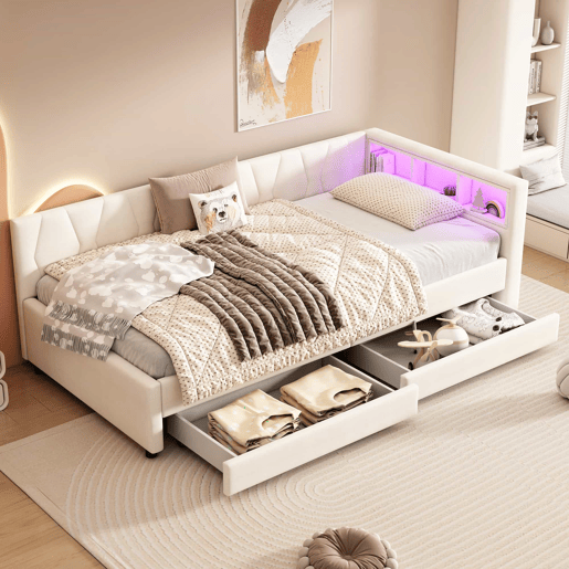 Cama de dia 90x200cm - Sofá-cama, compartimento de arrumação, USB + Tipo C, comando remoto para luz ambiente LED, com duas gavetas, com estrado (sem colchão) - Bege