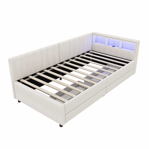 Cama de dia 90x200cm - Sofá-cama, compartimento de arrumação, USB + Tipo C, comando remoto para luz ambiente LED, com duas gavetas, com estrado (sem colchão) - Bege
