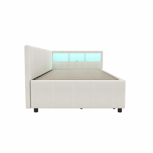 Cama de dia 90x200cm - Sofá-cama, compartimento de arrumação, USB + Tipo C, comando remoto para luz ambiente LED, com duas gavetas, com estrado (sem colchão) - Bege