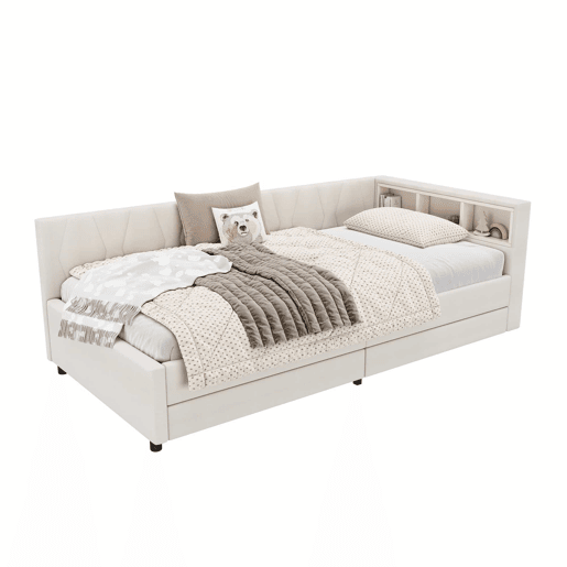 Cama de dia 90x200cm - Sofá-cama, compartimento de arrumação, USB + Tipo C, comando remoto para luz ambiente LED, com duas gavetas, com estrado (sem colchão) - Bege