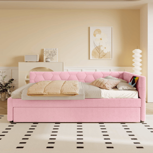 Daybett, 90x200cm - Sofá-cama, com estrado (sem colchão), candeeiro de cabeceira, cama extensível multifuncional, porta USB e tipo C, material confortável, imitação de veludo - Rosa