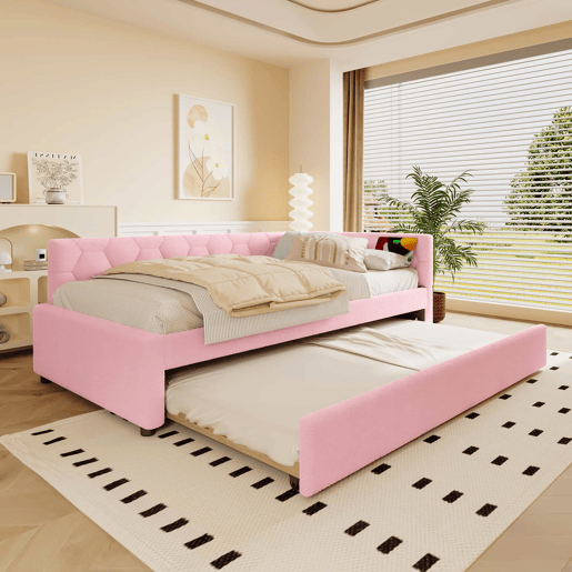 Daybett, 90x200cm - Sofá-cama, com estrado (sem colchão), candeeiro de cabeceira, cama extensível multifuncional, porta USB e tipo C, material confortável, imitação de veludo - Rosa
