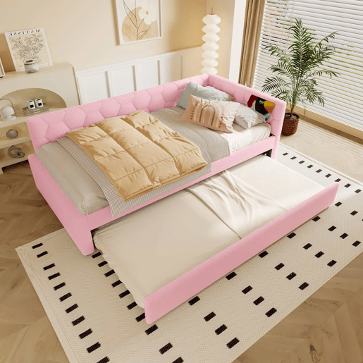 Daybett, 90x200cm - Sofá-cama, com estrado (sem colchão), candeeiro de cabeceira, cama extensível multifuncional, porta USB e tipo C, material confortável, imitação de veludo - Rosa