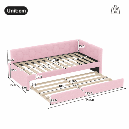 Daybett, 90x200cm - Sofá-cama, com estrado (sem colchão), candeeiro de cabeceira, cama extensível multifuncional, porta USB e tipo C, material confortável, imitação de veludo - Rosa