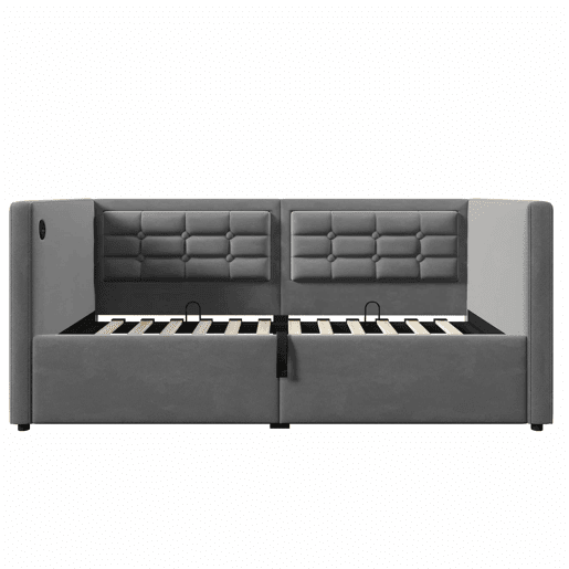 Sofá-cama 90x200 cm - Sofá-cama individual com armazenamento hidráulico, estação de carregamento USB e Type-C, base de ripas de madeira - Cinza