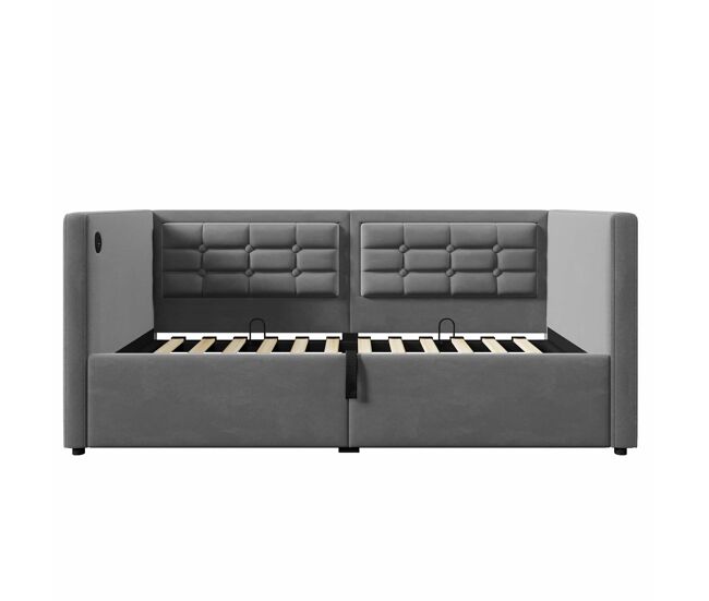 Sofá cama 90x200 cm - sofá cama individual con almacenamiento hidráulico, estación de carga usb y type-c, base de lamas de madera - gris