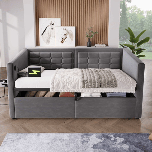 Sofá-cama 90x200 cm - Sofá-cama individual com armazenamento hidráulico, estação de carregamento USB e Type-C, base de ripas de madeira - Cinza