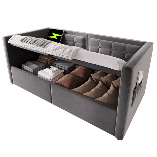 Sofá-cama 90x200 cm - Sofá-cama individual com armazenamento hidráulico, estação de carregamento USB e Type-C, base de ripas de madeira - Cinza
