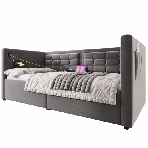 Sofá-cama 90x200 cm - Sofá-cama individual com armazenamento hidráulico, estação de carregamento USB e Type-C, base de ripas de madeira - Cinza