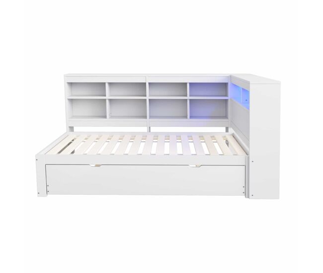 Sofá cama 90*200 cm - con cama extensible, con toma usb y luz led, con estantes y compartimentos, gran capacidad de almacenamiento - blanco