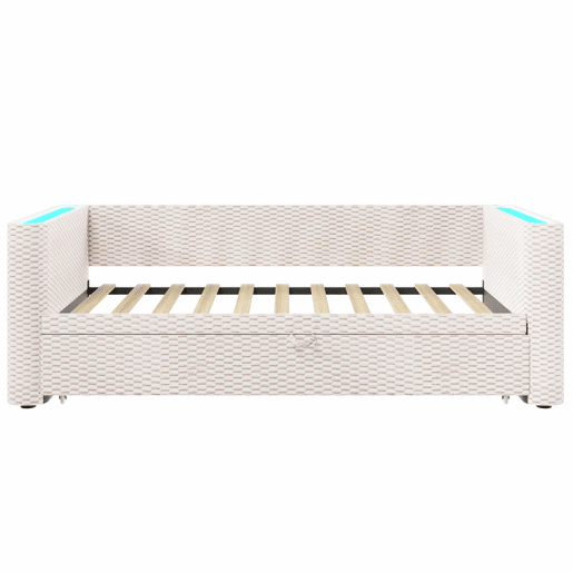Cama de dia 90x200 cm - Sofá-cama multifuncional com barra LED - Bege