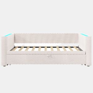 Cama de dia 90x200 cm - Sofá-cama multifuncional com barra LED - Bege