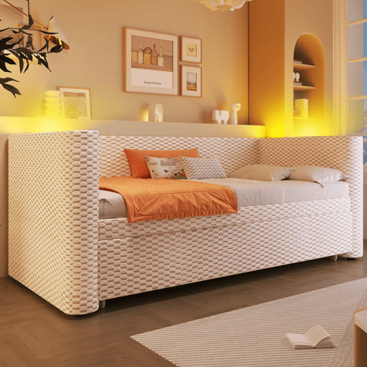 Cama de dia 90x200 cm - Sofá-cama multifuncional com barra LED - Bege
