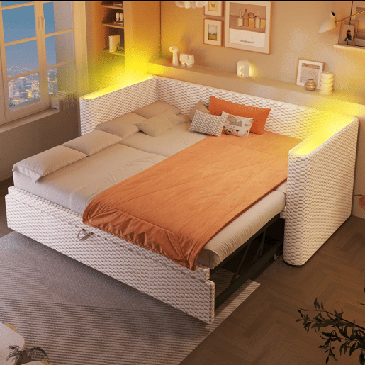 Cama de dia 90x200 cm - Sofá-cama multifuncional com barra LED - Bege