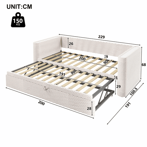Cama de dia 90x200 cm - Sofá-cama multifuncional com barra LED - Bege