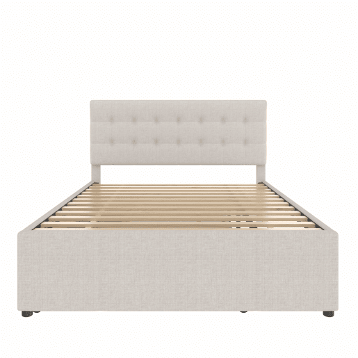 Cama estofada 140x200cm - Cama de casal, com três gavetas, cama extensível, cabeceira ajustável, sem colchão - Bege