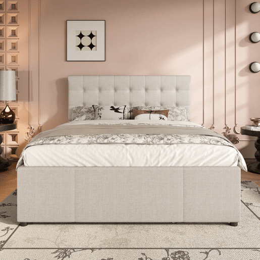Cama estofada 140x200cm - Cama de casal, com três gavetas, cama extensível, cabeceira ajustável, sem colchão - Bege