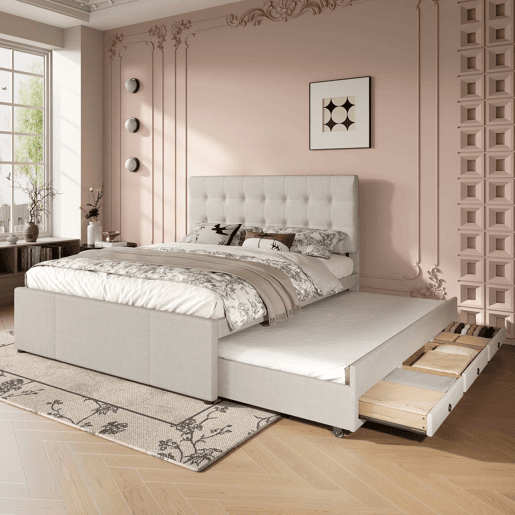 Cama estofada 140x200cm - Cama de casal, com três gavetas, cama extensível, cabeceira ajustável, sem colchão - Bege