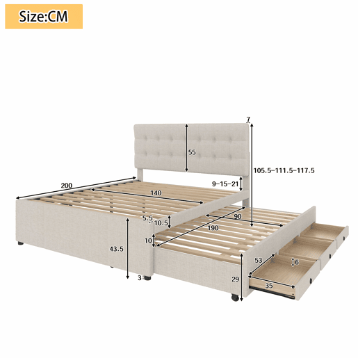 Cama estofada 140x200cm - Cama de casal, com três gavetas, cama extensível, cabeceira ajustável, sem colchão - Bege
