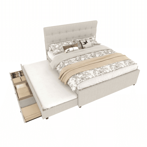 Cama estofada 140x200cm - Cama de casal, com três gavetas, cama extensível, cabeceira ajustável, sem colchão - Bege
