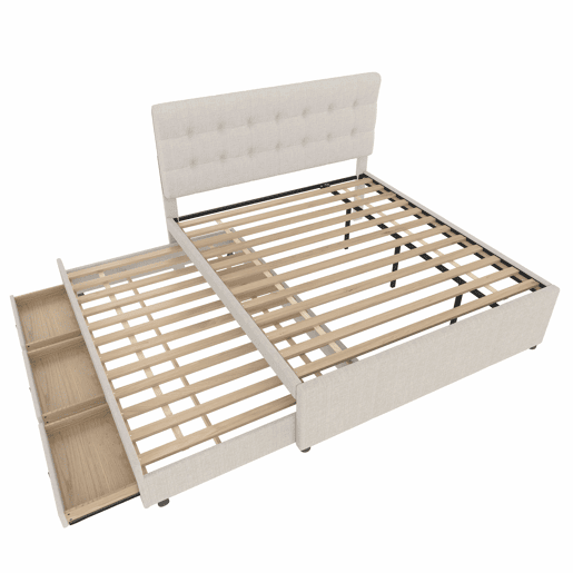 Cama estofada 140x200cm - Cama de casal, com três gavetas, cama extensível, cabeceira ajustável, sem colchão - Bege