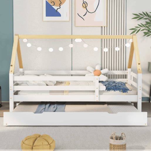 Cama com gavetão 90x200cm com estrado de ripas - cama de cabina em madeira maciça - Branco