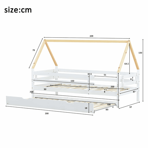 Cama com gavetão 90x200cm com estrado de ripas - cama de cabina em madeira maciça - Branco