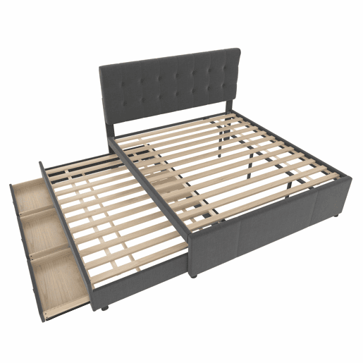 Cama estofada 140x200cm - Cama de casal, cama familiar, cama matrimonial com três gavetas, cama extensível, cabeceira ajustável - Cinza
