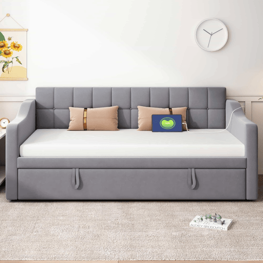Sofá-cama 90180 - Multifuncional com tomada e bolsa de armazenamento - Cinza Samtstoff