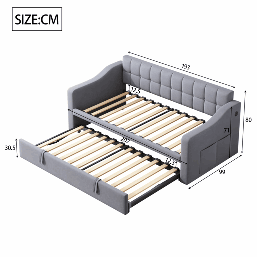 Sofá-cama 90180 - Multifuncional com tomada e bolsa de armazenamento - Cinza Samtstoff