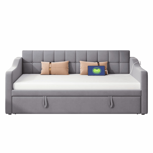 Sofá-cama 90180 - Multifuncional com tomada e bolsa de armazenamento - Cinza Samtstoff